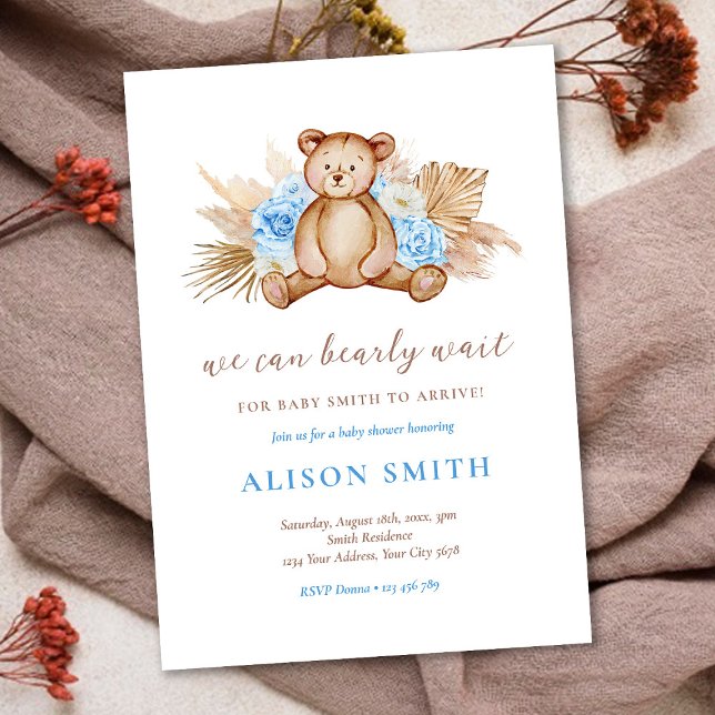 Teddy Bear Pampas Grass Bearly Wait Baby Shower Invitation (Creator Uploaded)