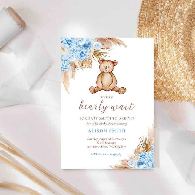 Teddy Bear Pampas Grass Bearly Wait Baby Shower Invitation (Creator Uploaded)