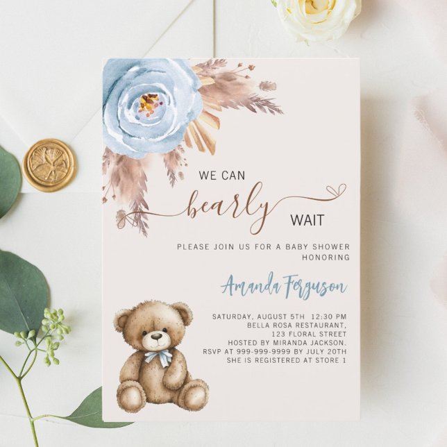 Teddy bear pampas grass blue boy baby shower invitation (Creator Uploaded)