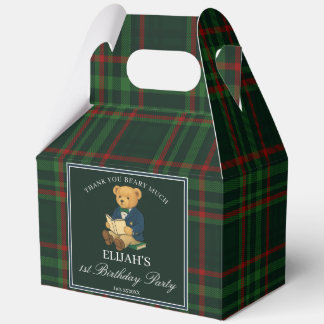 Teddy bear party favors green plaid personalized favour box