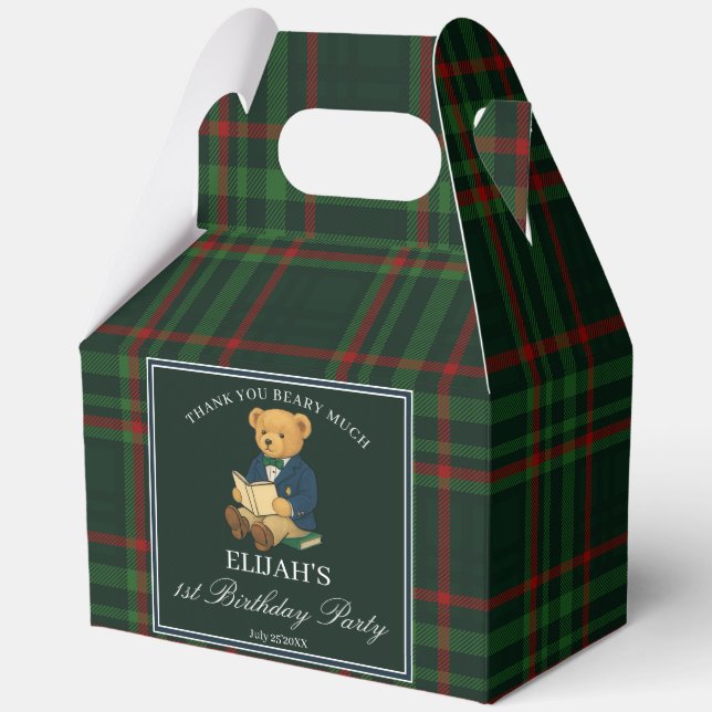 Teddy bear party favors green plaid personalized favour box (Front)