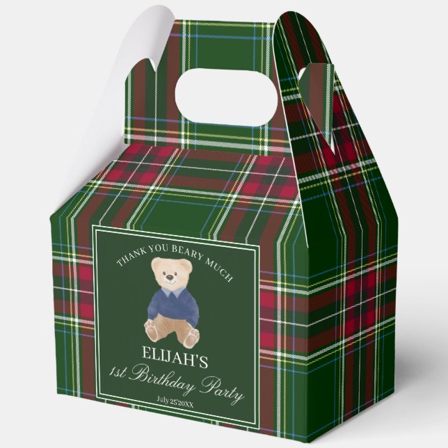 Teddy bear party favors green plaid personalized favour box (Front)