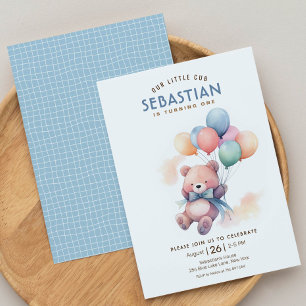 Teddy bear pastel balloon Beary first birthday Invitation