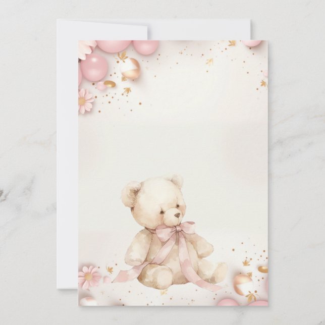 Teddy Bear Pastel Champagne Gold Baby Girl Invitation (Back)