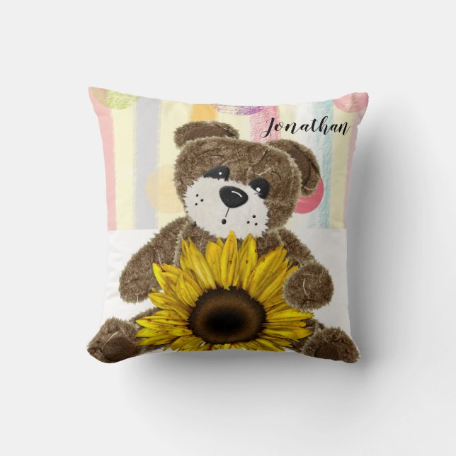 Teddy Bear Pastel Stripe Throw Pillow  (Front)