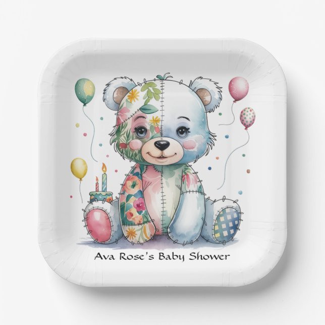 Teddy Bear Patchwork in Floral Girl Baby Shower Paper Plate (Front)