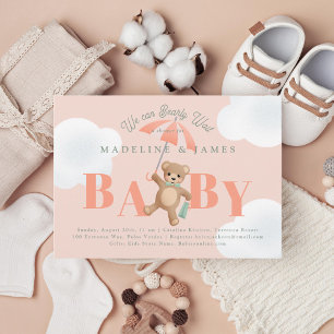 Teddy Bear Peach Sage Bearly Wait Baby Shower Invitation