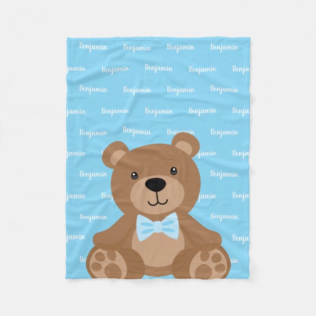 Teddy Bear Personalised Blue Name Boy Fleece Blanket (Front)