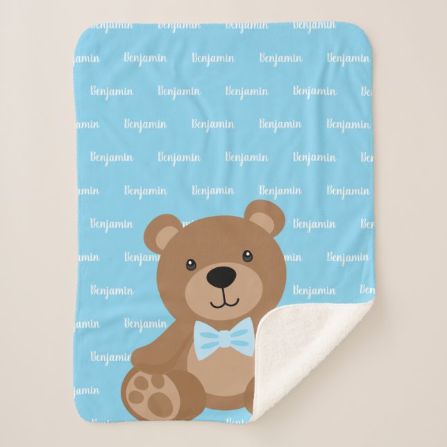 Teddy Bear Personalised Blue Name Boy Sherpa Blanket (Front)