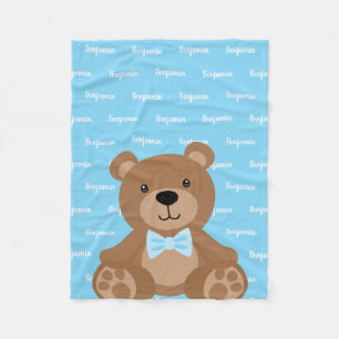 Teddy Bear Personalized Blue Name Boy Fleece Blanket