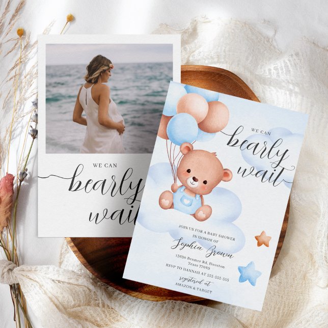 Teddy Bear & Photo Baby Boy Baby Shower Invitation (Creator Uploaded)