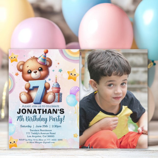 Teddy Bear Photo Birthday 7 Invitation (Creator Uploaded)