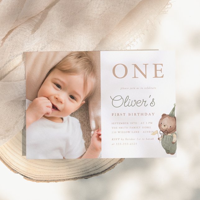 Teddy Bear Photo First Birthday Party Invitation (Creator Uploaded)