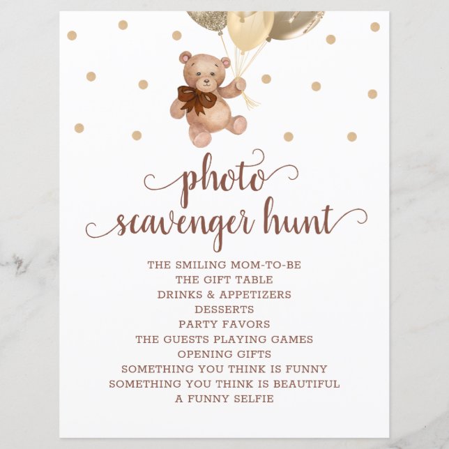 Teddy Bear Photo Scavenger Hunt Baby Shower Game (Front)