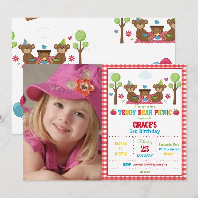 Teddy Bear Picnic 1st Birthday Boy Girl Photo Invitation (Front/Back)