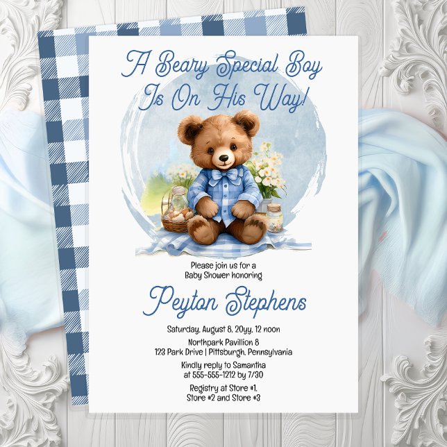 Teddy Bear Picnic Beary Special Boy Baby Shower Invitation ("A Beary Special Boy Is On His Way!" Cute Teddy Bear Picnic Boy Baby Shower Invitation - Print | Dig)