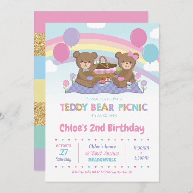 Teddy Bear Picnic Birthday Invitations Girl (Front/Back)