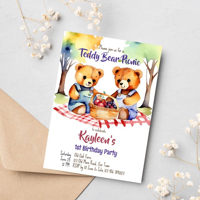 Teddy bear picnic birthday party cute invitation (Teddy bear picnic birthday party template invitation digital download two cute teddies on a blanket)
