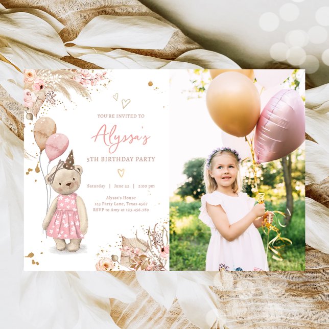 Teddy Bear Picnic Boho Pink Girl Birthday Party In Invitation (Creator Uploaded)