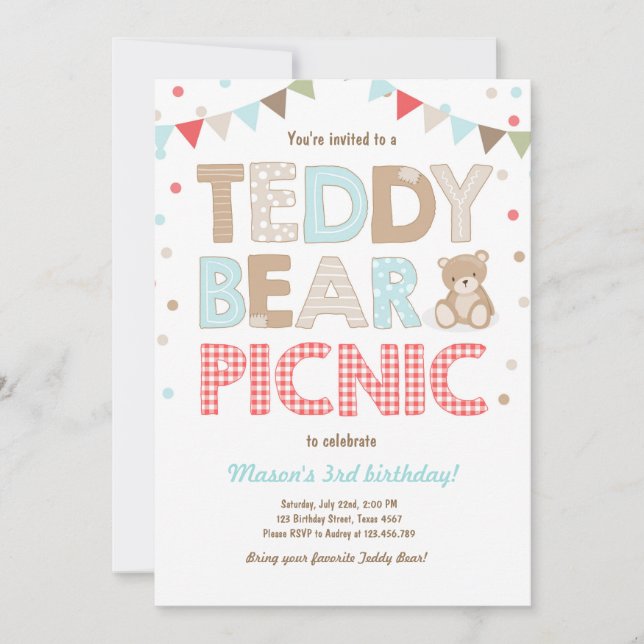 Teddy Bear Picnic Boy birthday Invitation Blue (Front)