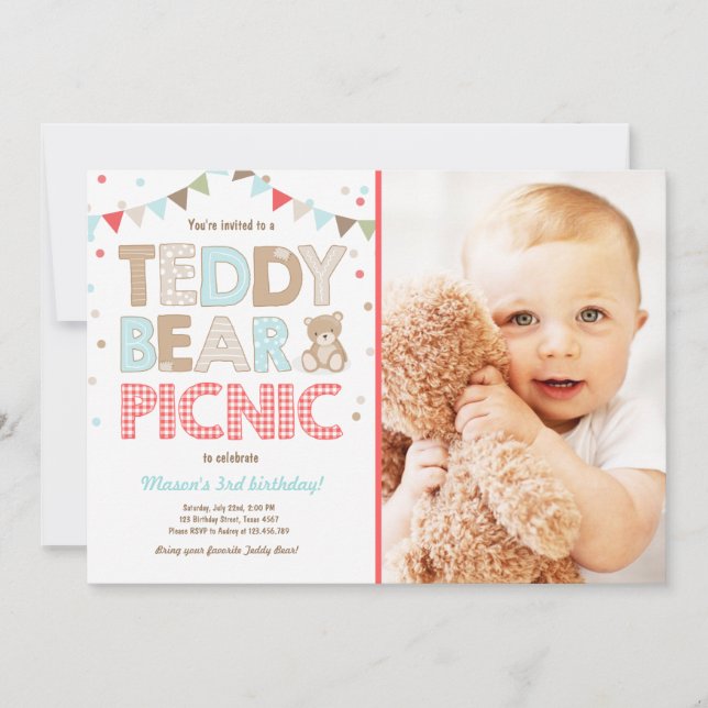 Teddy Bear Picnic Boy birthday Invitation Blue (Front)
