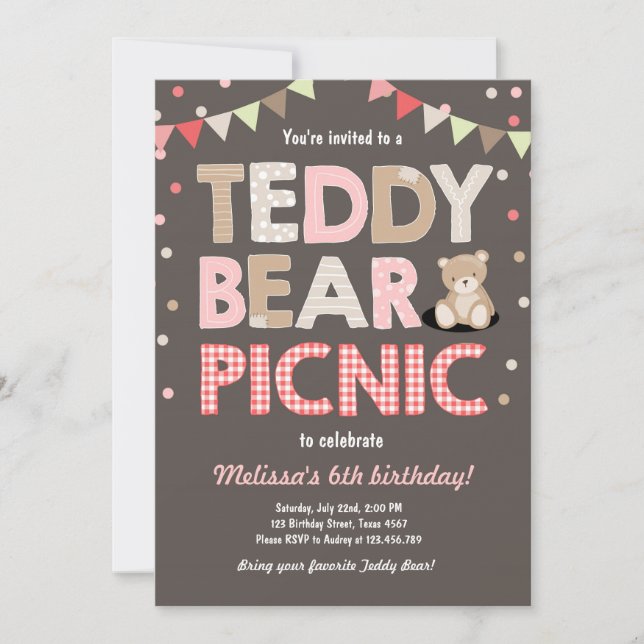 Teddy Bear Picnic Girl birthday Invitation Pink (Front)
