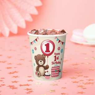 Teddy Bear Picnic Happy 1st Birthday Paper Plate   Cups