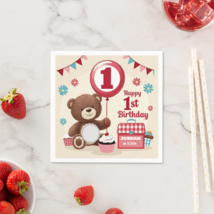 Teddy Bear Picnic Happy 1st Birthday Paper Plate   Napkin
