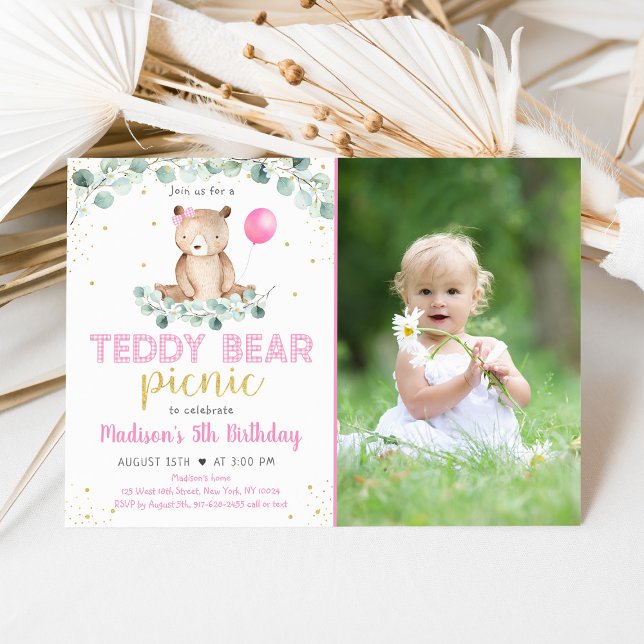 Teddy Bear Picnic Pink Floral Birthday Invitation (Creator Uploaded)