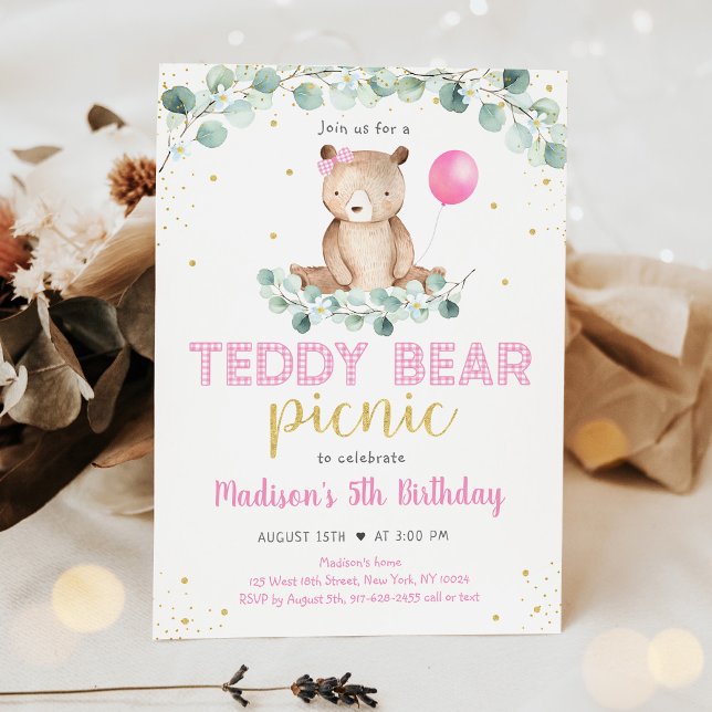 Teddy Bear Picnic Pink Floral Birthday Invitation (Creator Uploaded)