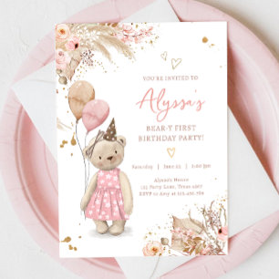 Teddy Bear Picnic Pink Girl First Birthday Party Invitation