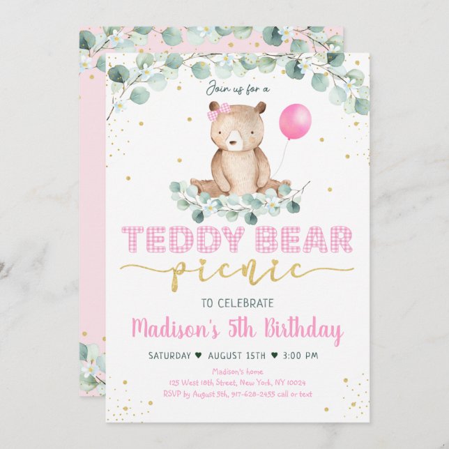 Teddy Bear Picnic Pink Gold Greenery Birthday Invitation (Front/Back)