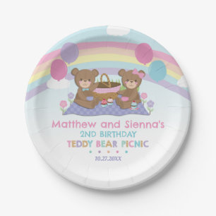 Teddy Bear Picnic Rainbow Twin Boy Girl Birthday Paper Plate