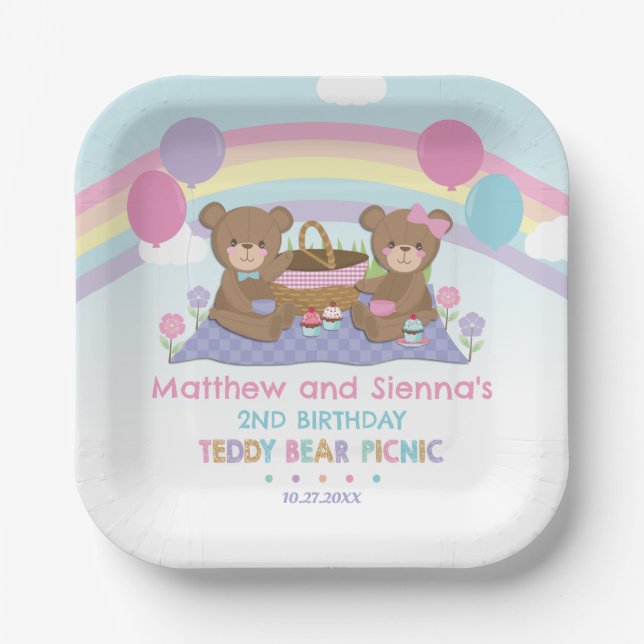 Teddy Bear Picnic Rainbow Twins Boy Girl Birthday Paper Plate (Front)