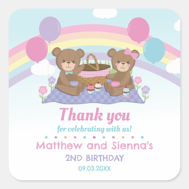Teddy Bear Picnic Rainbow Twins Boy Girl Birthday Square Sticker (Front)