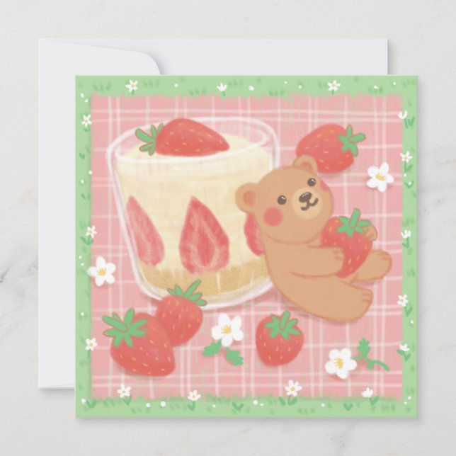 Teddy Bear Picnic with Strawberries Holiday Card (Front)