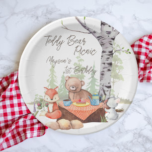 Teddy bear picnic woodlands animals birthday party paper plate
