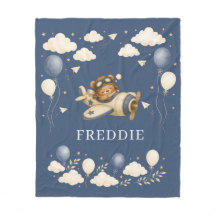 Teddy Bear Pilot Adventure Blue Fleece Blanket