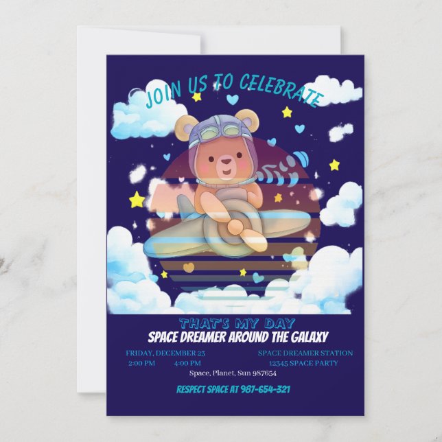  Teddy Bear Pilot Airplane Art Invitation (Front)