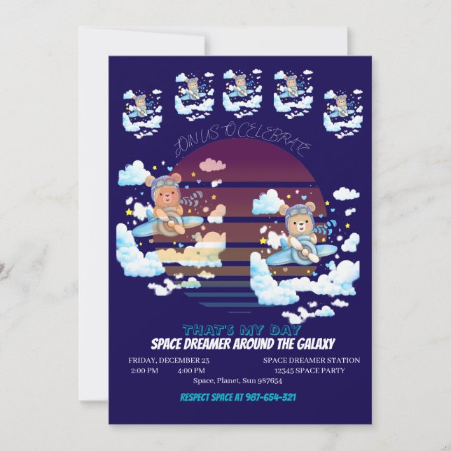 Teddy Bear Pilot Airplane Art Invitation (Front)