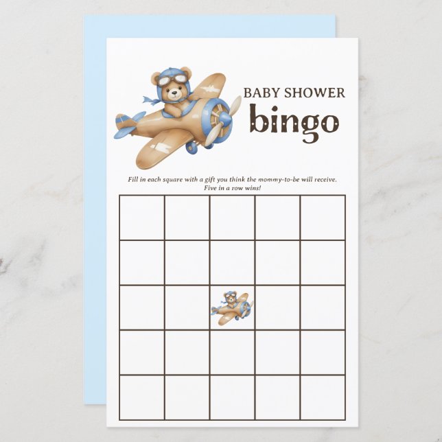 Teddy Bear Pilot Baby Boy Shower Bingo Game (Front/Back)