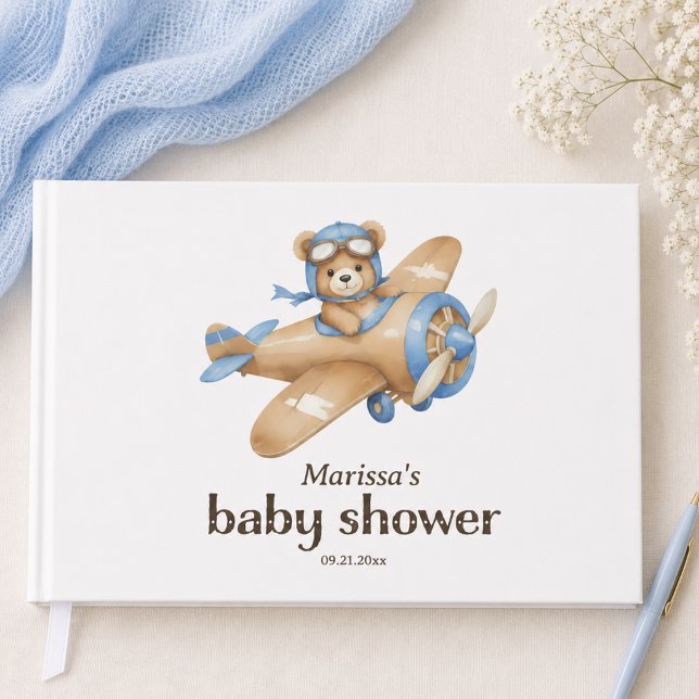 Teddy Bear Pilot Baby Boy Shower Guest Book (cute whimsical teddy bear pilot baby boy shower personalized guest book)