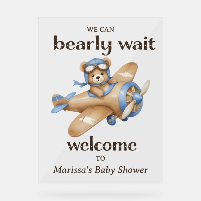 Teddy Bear Pilot Baby Boy Shower Welcome Acrylic Sign (Front)