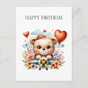 Teddy Bear Pilot Birthday Announcement Postcard