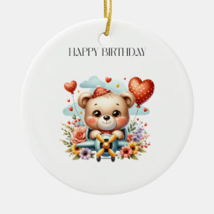 Teddy Bear Pilot Birthday Ceramic Tree Decoration