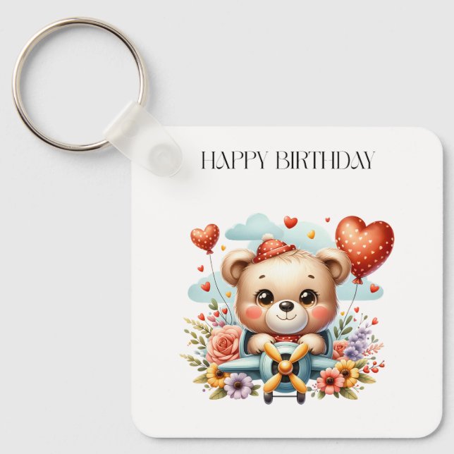 Teddy Bear Pilot Birthday Key Ring (Front)