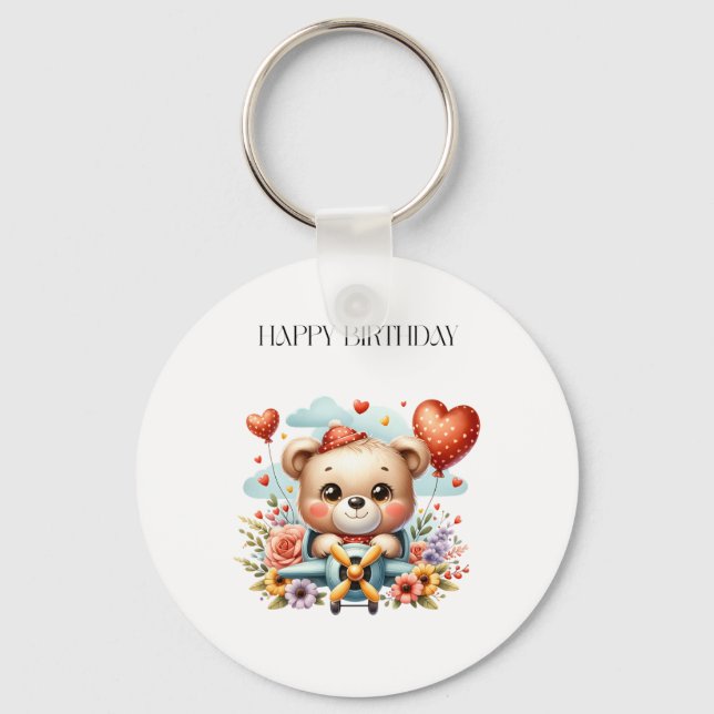 Teddy Bear Pilot Birthday Key Ring (Front)