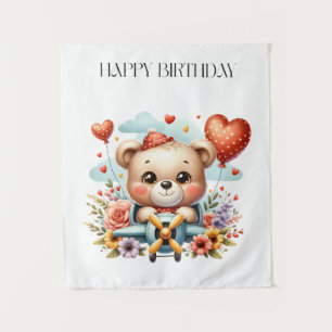 Teddy Bear Pilot Birthday Tapestry