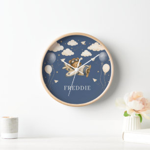 Teddy Bear Pilot Vintage Aeroplane Baby Nursery Clock