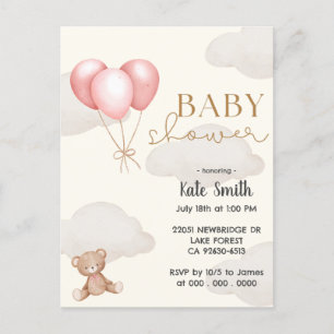 Teddy Bear Ping Ballons Watercolor Baby Shower Postcard